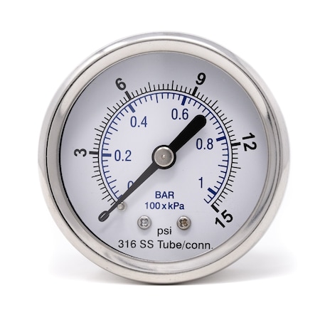 2 In Dial, 0/15 PSI & Bar, 1/8 In NPT, Back Mount Dry/Fillable Pressure Gauge